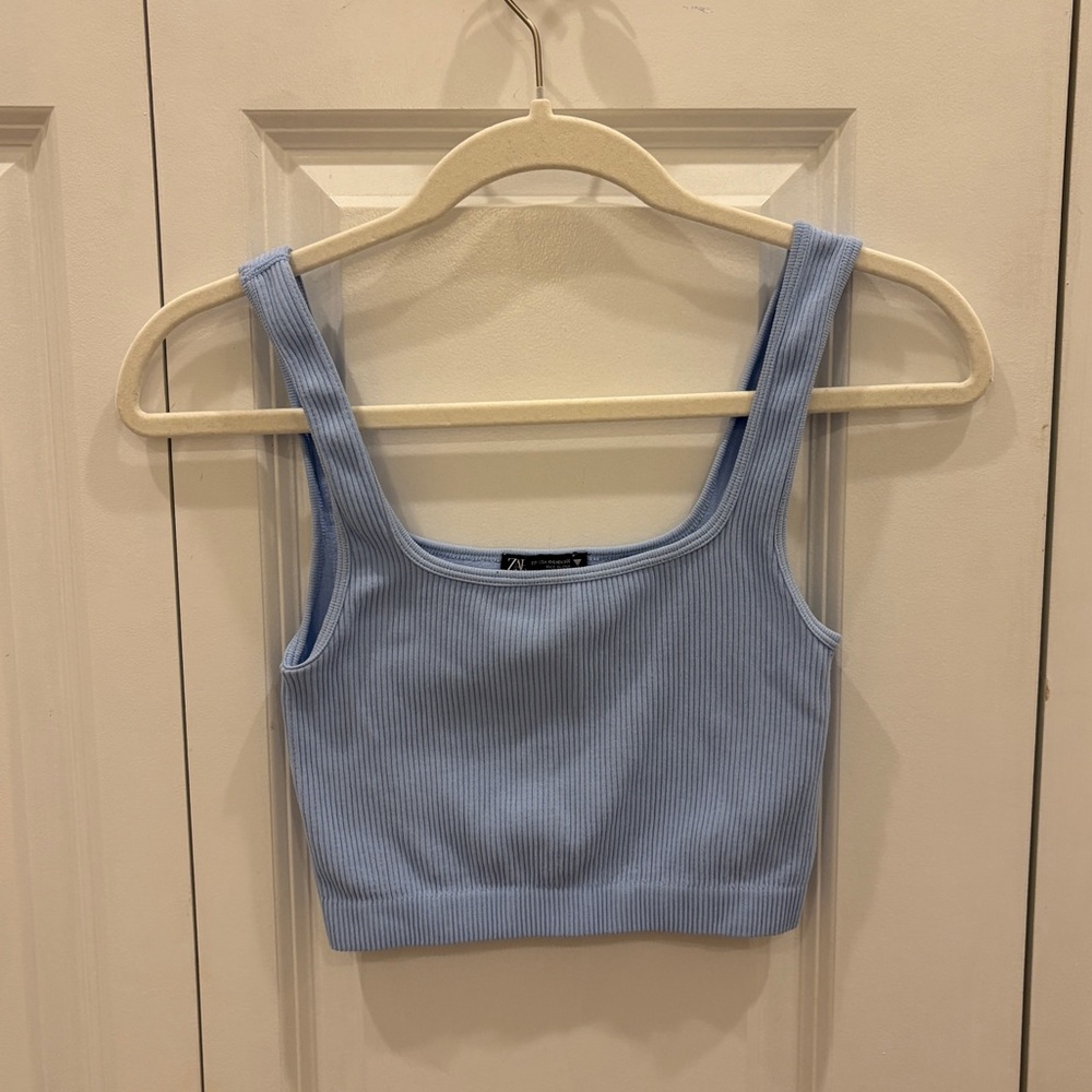 Zara Blue Ribbed Fitted Crop Tank Top